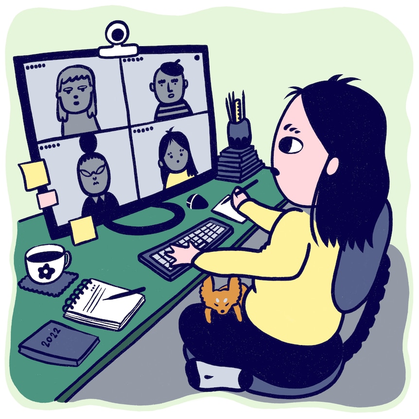 Woman working from home in comfy clothes, dog on her lap, taking notes as she talks to four people on a video call.