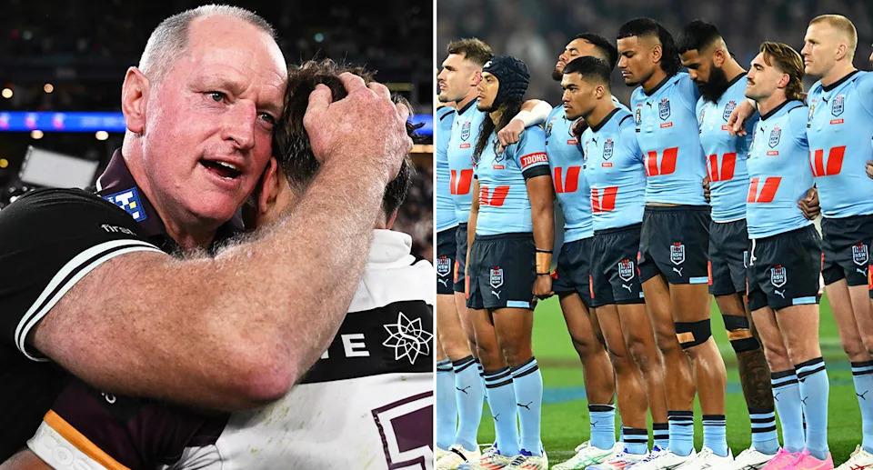 Mitch Barnett alongside NSW teammates and Broncos coach Michael Maguire.