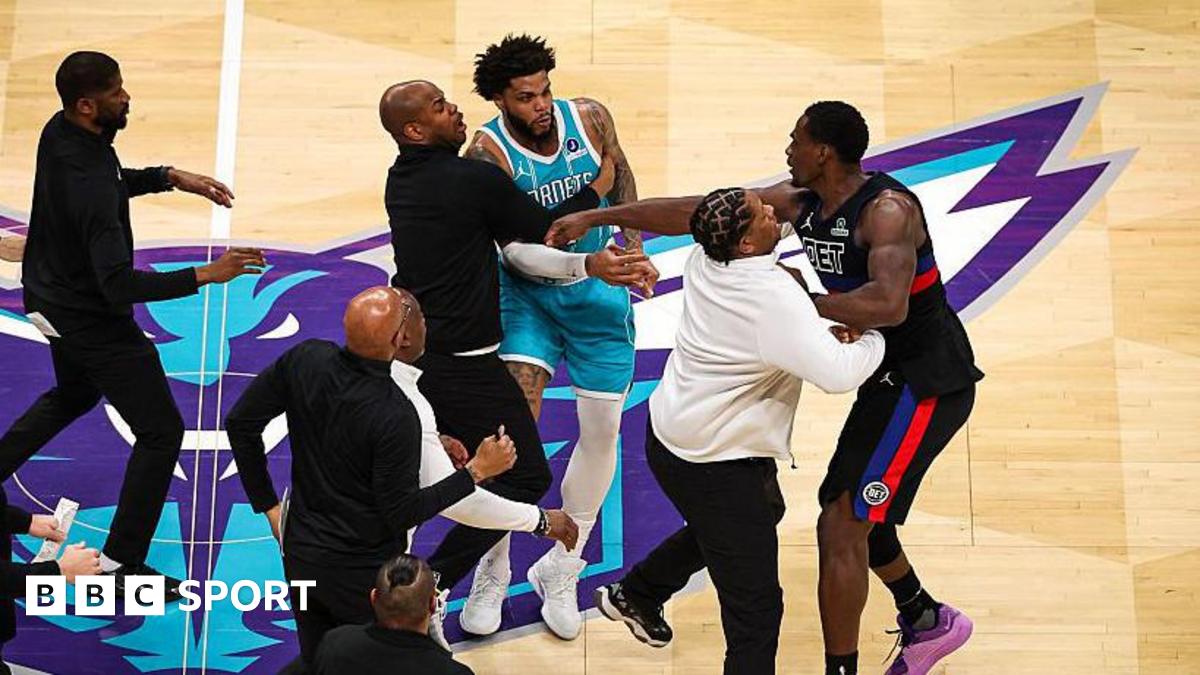 Charlotte Hornets forward Miles Bridges has an altercation with the Detroit Pistons' Jalen Duren