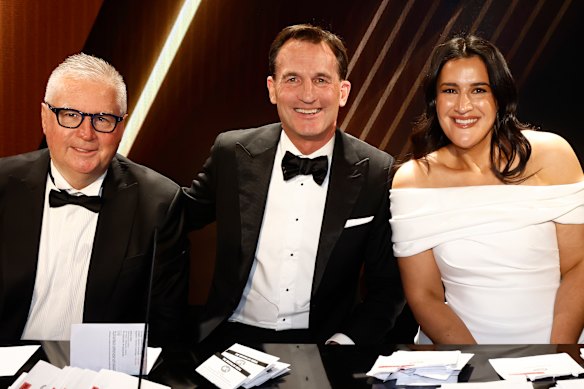 AFL executives (from left) Greg Swann, Andrew Dillon and Laura Kane at the Brownlow Medal count.