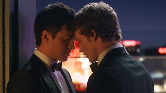 Shane Hollander (Hudson Williams) and Ilya Rozanov (Connor Storrie) in a scene from Heated Rivalry.