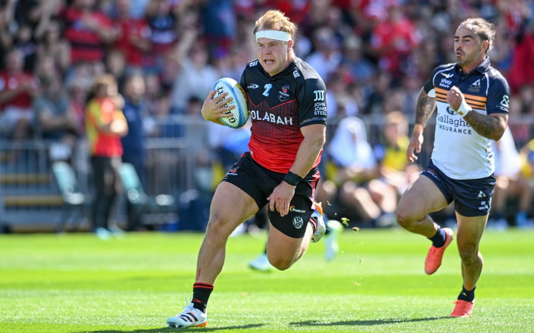 George Bell of the Crusaders scores a try during the Super Rugby Pacific match - Crusaders Vs Brumbies at the Apollo Projects Stadium, New Zealand, 22nd February 2026. Copyright photo: John Davidson / www.photosport.nz