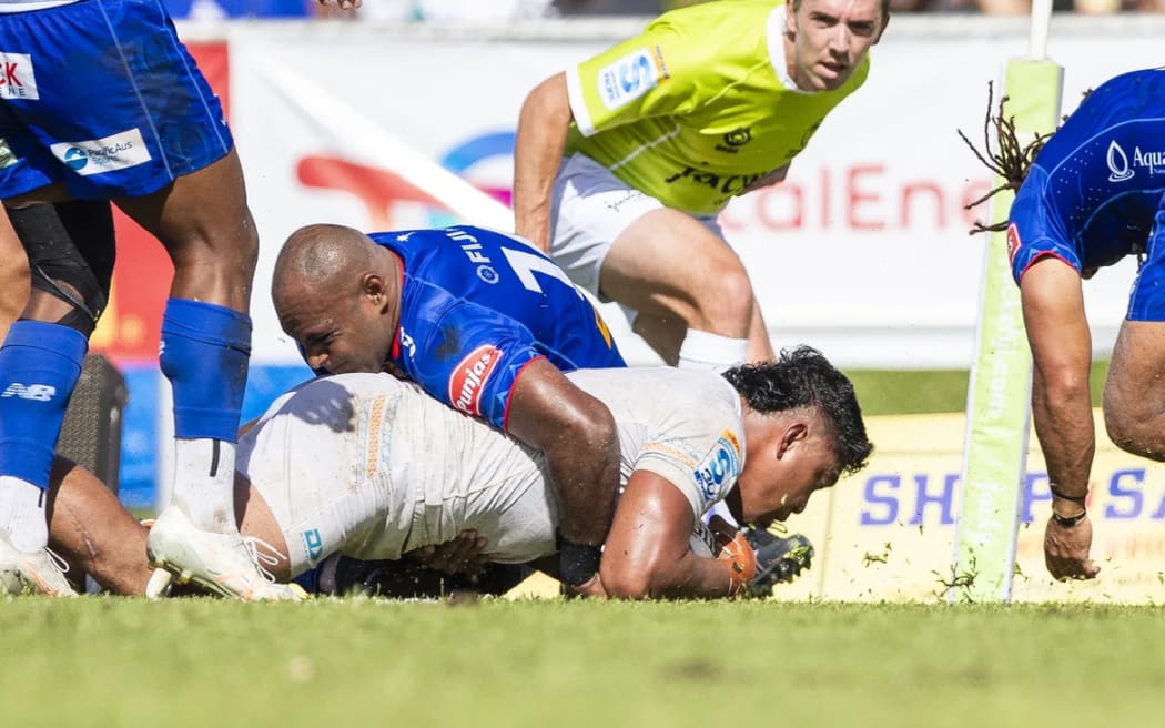 Moana Pasifika captain Miracle Faiilagi goes over for a try during the Fijian Drua v Moana Pasifika, Super Rugby Pacific match, Churchill Park, Lautoka.