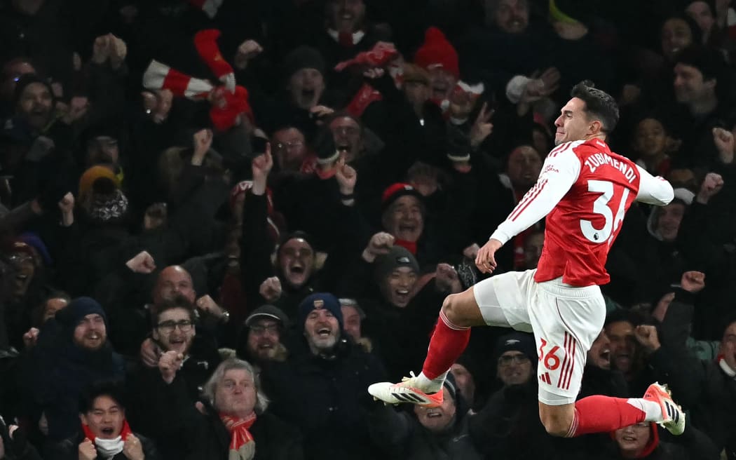 Arsenal's Spanish defender Martin Zubimendi celebrates.
