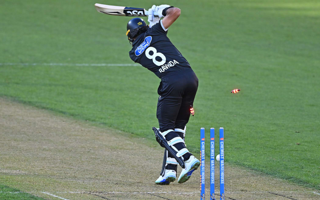Rachin Ravindra of New Zealand is bowled by Sam Curran of England, New Zealand Blackcaps v England, 3rd ODI, Sky Stadium, Wellington.