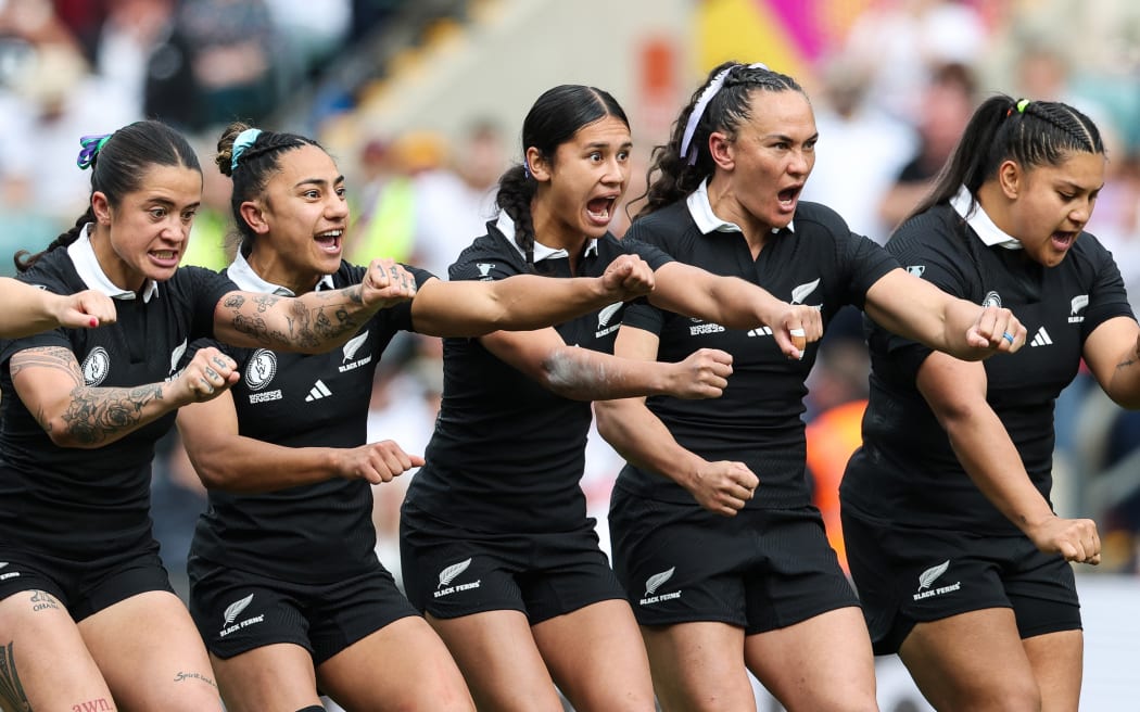 2025 Women's Rugby World Cup: New Zealand Black Ferns performing the haka ahead of the match against France, 2025.
