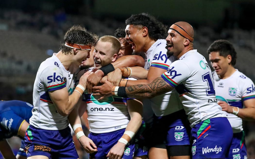 Luke Hanson celebrates with teammates after scoring. NSW Cup Finals Week 3 - Warriors v Eels.