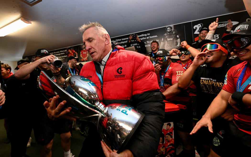 Rob Penney with the Super Rugby trophy.