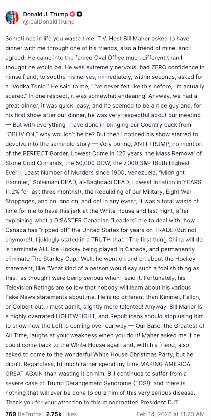 Donald Trump rips into "lightweight" Bill Maher in a Valentine's Day Truth Social post.