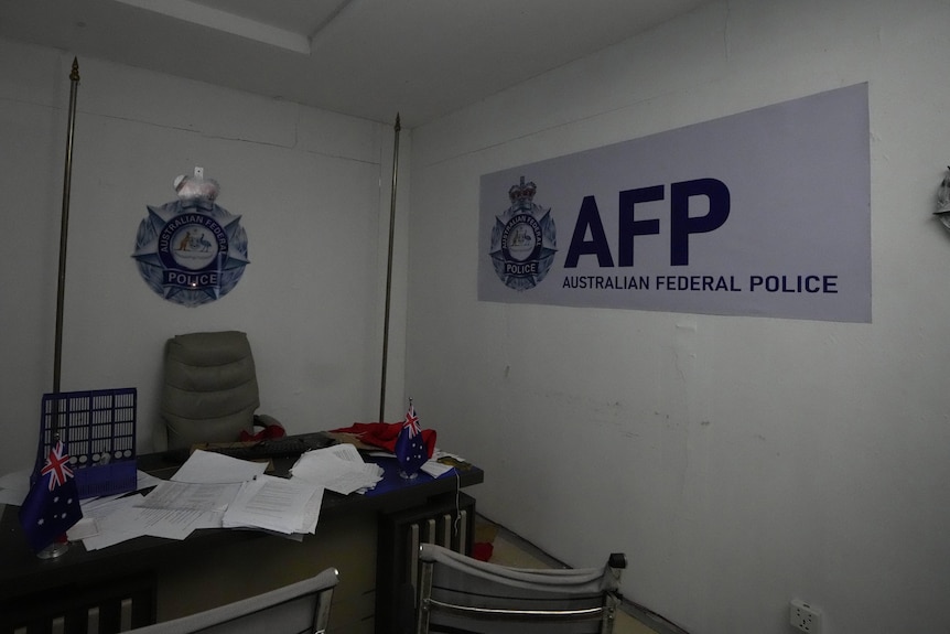 A mock-up set resembling an Australian Federal Police office.