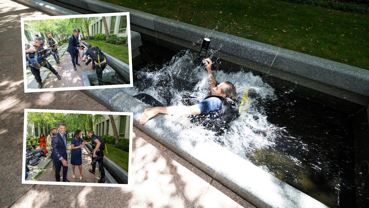 Angus Taylor: News Corp photographer falls into water feature while taking pictures of new Liberal Leader