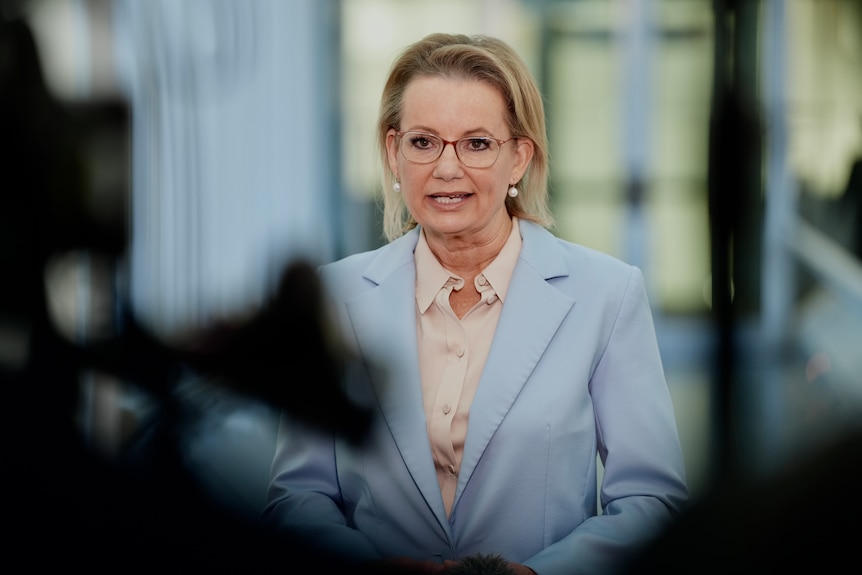 Sussan Ley in focus speaking, with foliage out of focus in the foreground.