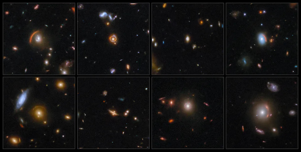 A collage of eight Webb images of gravitational lensing are shown. Each of the images show various distorted galaxies in the center of each frame, including arcs and circular shapes.