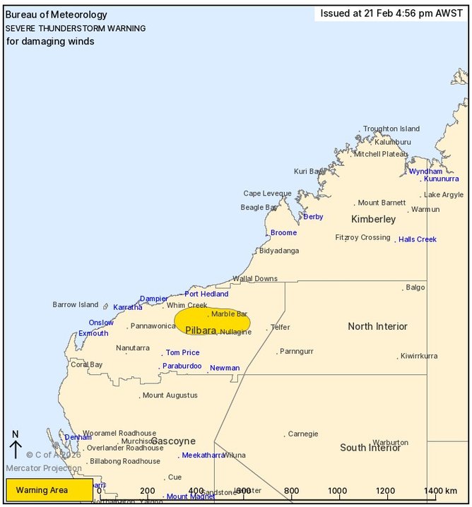 People in the Pilbara near the dark yellow zone are told to prepare for thunderstorms.