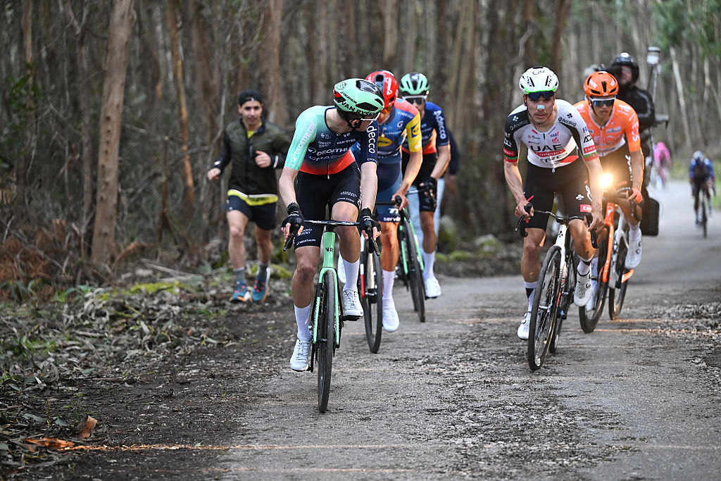FOIA, PORTUGAL - FEBRUARY 19: (L-R) Stage winner Paul Seixas of France and Team Decathlon CMA CGM and Joao Almeida of Portugal and UAE Team Emirates - XRG compete in the breakaway during the 52nd Volta ao Algarve em Bicicleta 2026, Stage 2 a 183.5km stage from Portimao to Foia (Monchique) 882m on February 19, 2026 in Foia, Portugal. (Photo by Dario Belingheri/Getty Images)