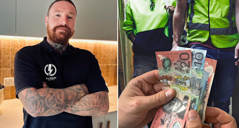 Kristopher Bithel pictured with tradies and Australian money,
