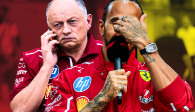 Angry Vasseur on the phone edited behind Hamilton covering his face with his hand in Ferrari F1 kit