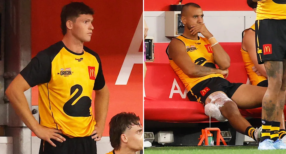 Mitch Georgiades and Callum Ah Chee after suffering hamstring concerns in AFL State of Origin.