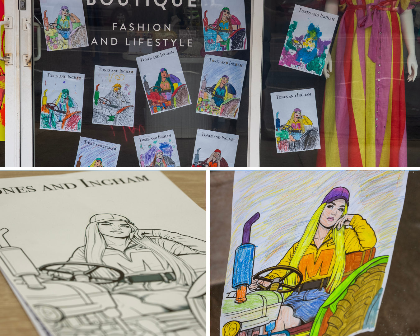 A composite image of kids colouring in in a window, a blank colouring in picture of a woman on a tractor and one that is coloure