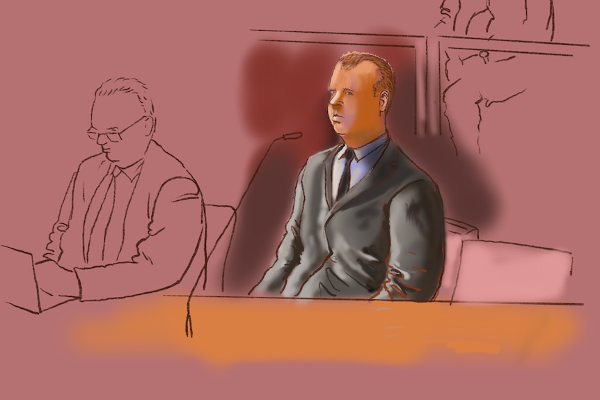 A man in a suit with a red background sketch. 