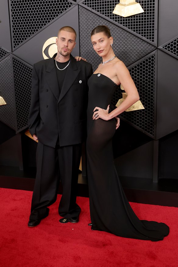 Justin Bieber in Balenciaga and Hailey Bieber in Alaia at the Grammys.