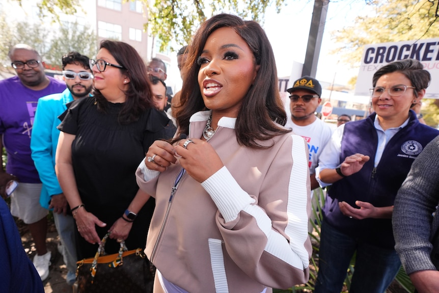 Primary candidate for U.S. Senate Rep. Jasmine Crockett, D-Texas, speaks before voting early in the primary election in Dallas