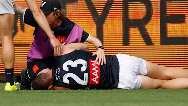 Jacob Weitering of Victoria is seen injured