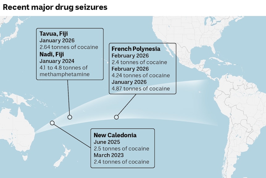 A map of the Pacific Ocean showing the dates of drug seizures in Fiji, New Caledonia and French Polynesia.