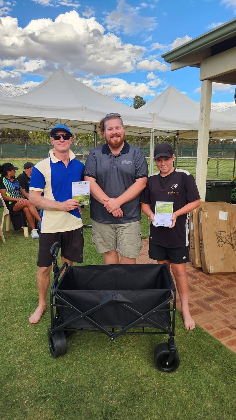 Men’s doubles B-grade winners Jason Eastwood, sponsor Ciaran Early from Prices Fabrication and Steel and teammate and Zander Wilkie, 12. 
