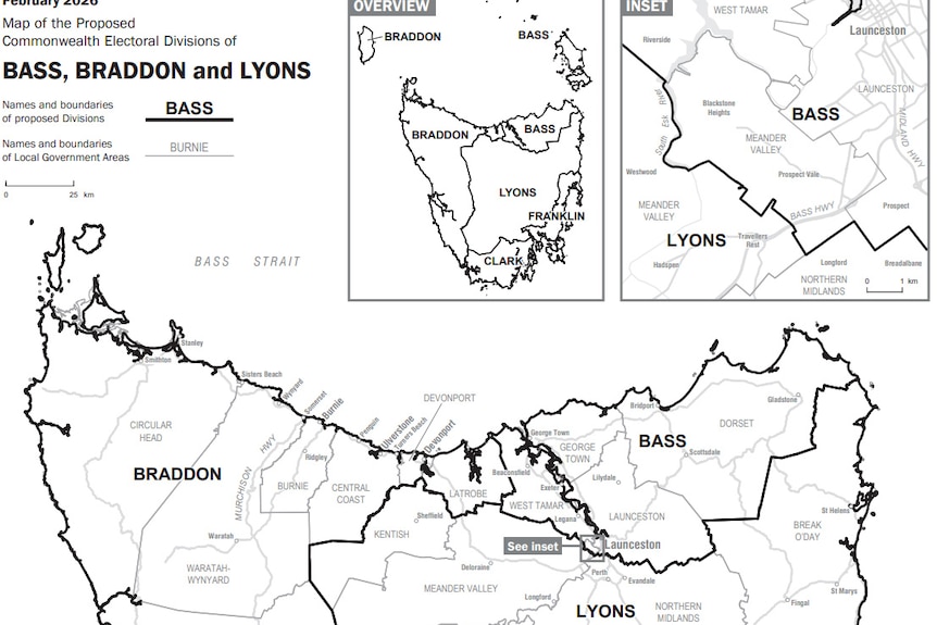 A map of proposed electoral boundaries for Tasmanian federal electorates.