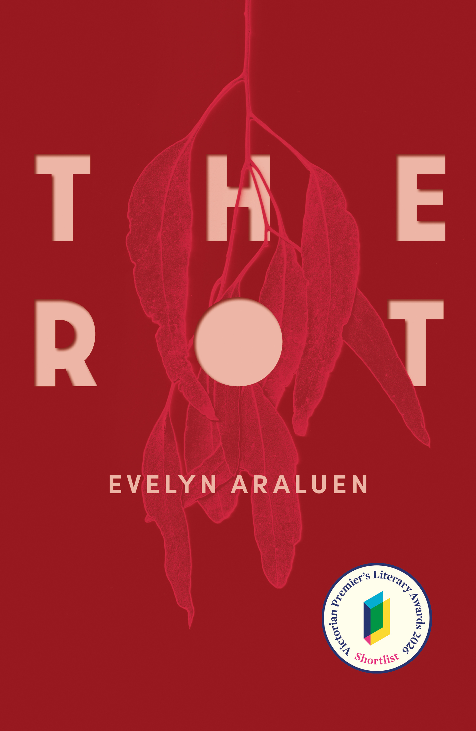 Cover of The Rot by Evelyn Araluen featuring text overlaid on a red-tinted illustration of hanging gum leaves.
