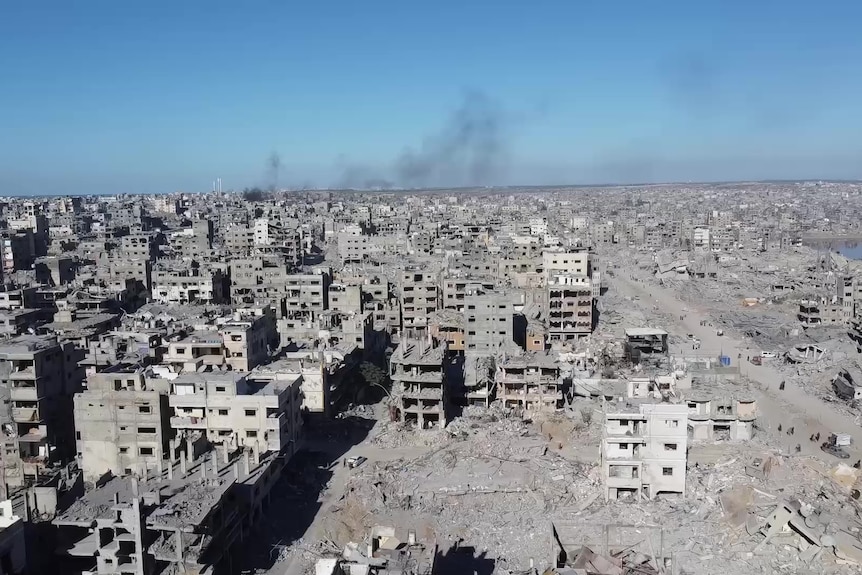 A drone view showing destroyed buildings spanning kilometres.