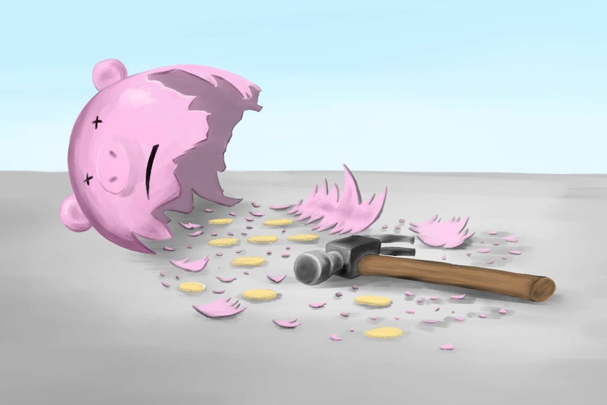Illustration of a smashed piggy bank leaking coins, with a hammer in the foreground.
