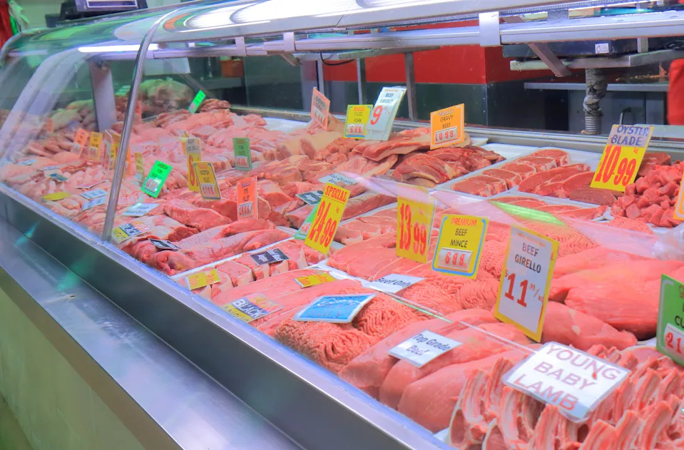 Meat display at a butcher, Queen Victoria Market, Melbourne. 