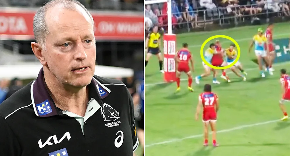 Pictured left to right, Brisbane Broncos coach Michael Maguire and Dolphins star Thomas Flegler.