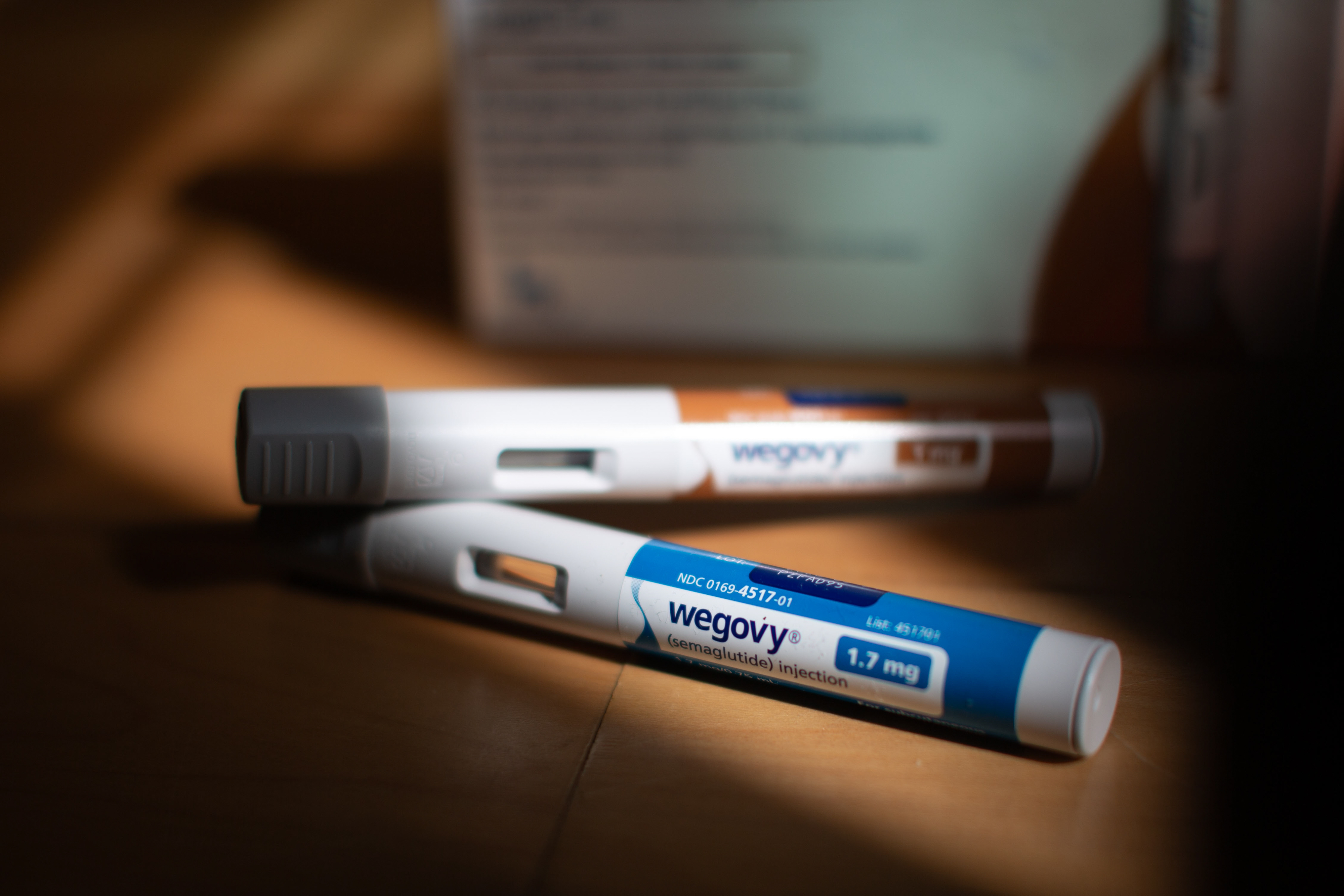 Wegovy injection pens arranged in Waterbury, Vermont, US, on Monday, April 28, 2025. Novo Nordisk A/S is following in rival Eli Lilly &amp; Co.&rsquo;s footsteps by selling its hit weight-loss drug Wegovy directly to US patients at a discount. Photographer: Shelby Knowles/Bloomberg