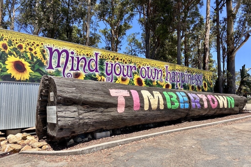 A wooden log with rainbowed coloured letters reading Timbertown. 