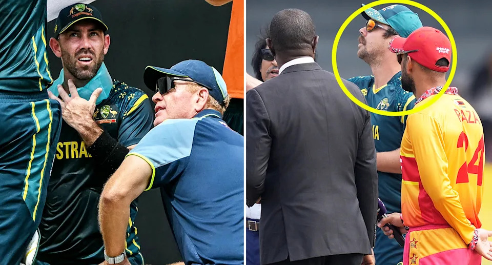 Glenn Maxwell and Travis Head during Australia's loss to Zimbabwe at the T20 World Cup.