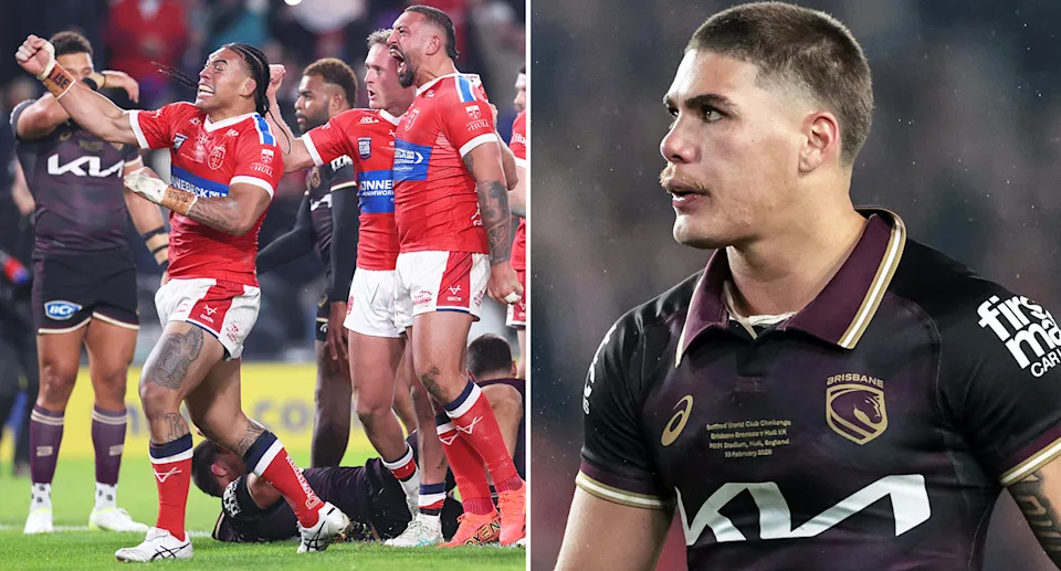 Reece Walsh and the Broncos against Hull KR in the World Club Challenge.