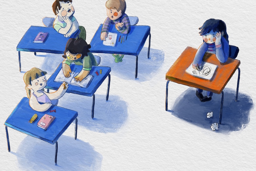 A cartoon picture of four happy students at desks and one unhappy student beside them.
