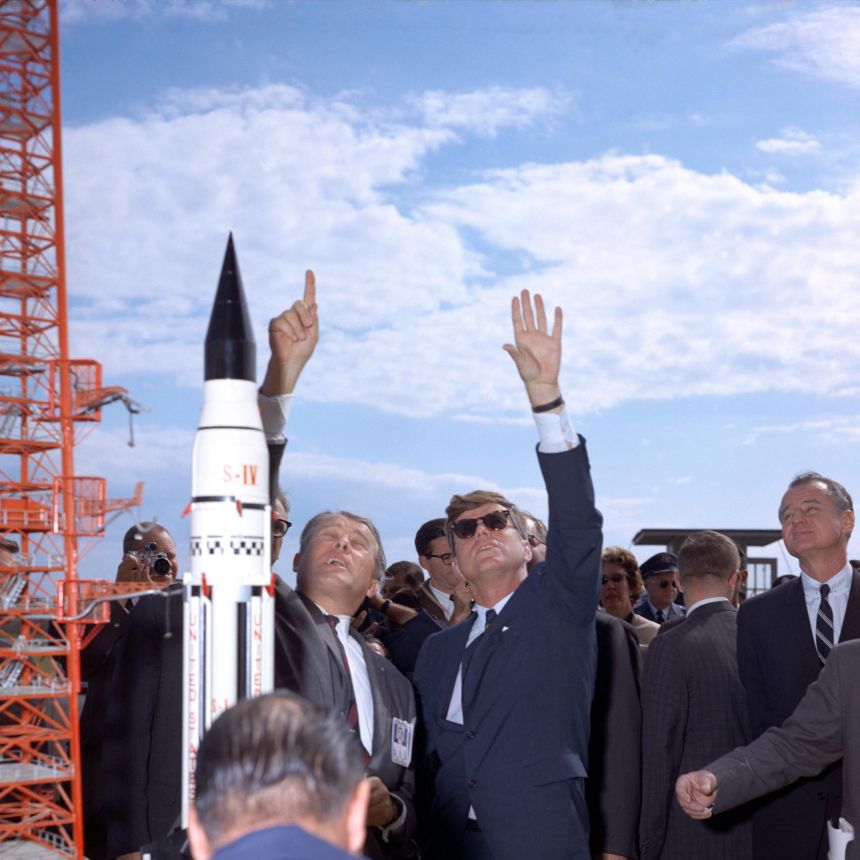 Wernher von Braun (left), director of  NASA's Marshall Space Flight Center, and President John F. Kennedy at Cape Canaveral, Florida, on November 1963.