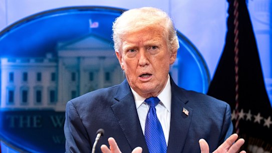 Donald Trump speaks to reporters after the Supreme Court struck down the bulk of his sweeping global tariffs, delivering a major blow against his signature economic policy.