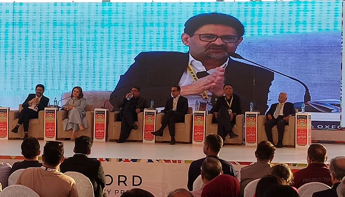 Former finance minister Miftah Ismail speaks during a session at the Karachi Literature Festival, Karachi, February 8, 2026. — KLF