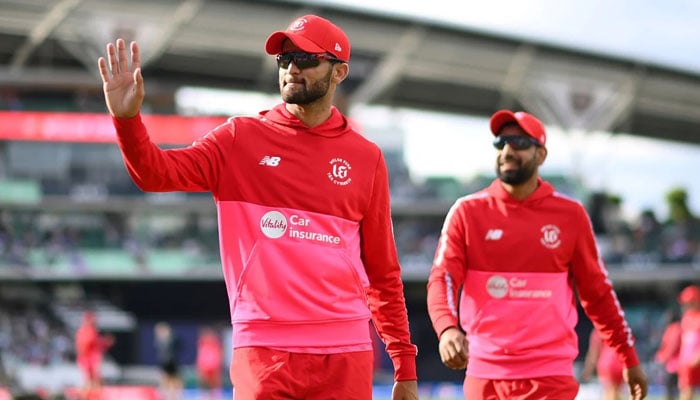 Welsh Fires Shaheen Shah Afridi (left) and Haris Rauf applaud fans during their The Hundred match against Oval Invincibles at The Oval in London on August 6, 2023. — ECB