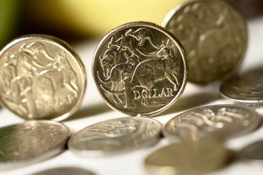A gold $1 Australian coin in the centre, surrounded by other coins