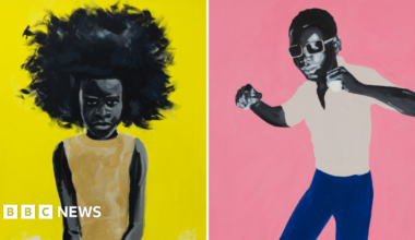 Paintings by Geoffrey Chambers include one of a woman against a bright yellow background, called In her Rising, and one of a man against a pink background called It's my Party.