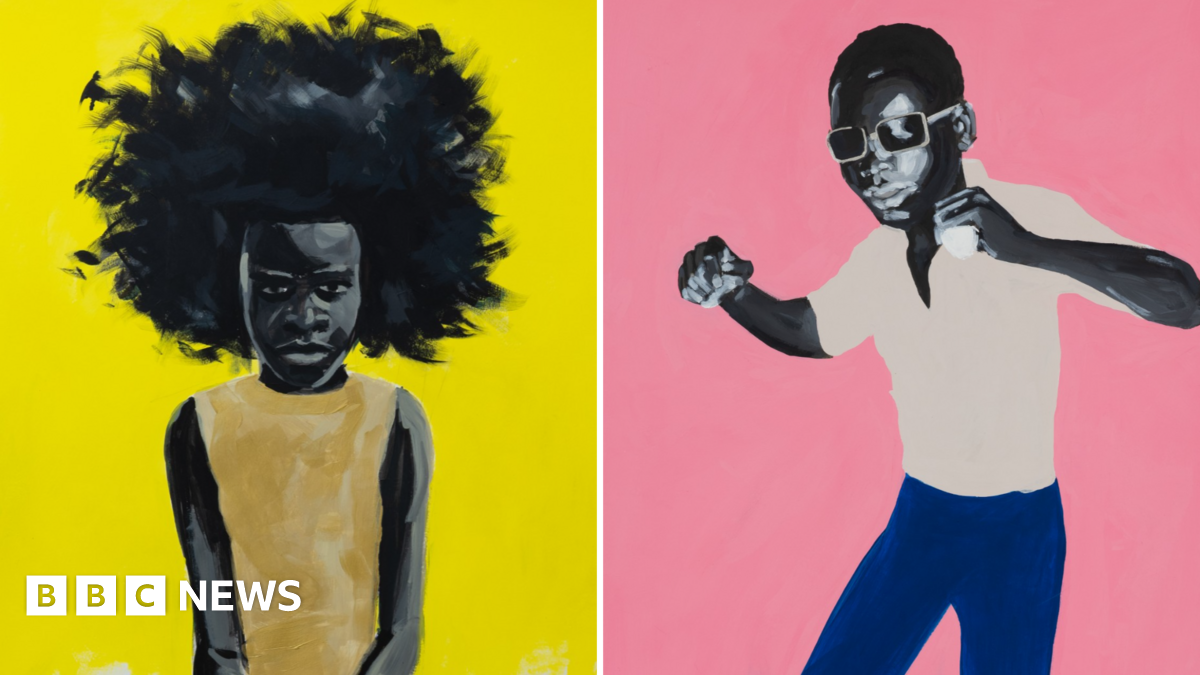 Paintings by Geoffrey Chambers include one of a woman against a bright yellow background, called In her Rising, and one of a man against a pink background called It's my Party.