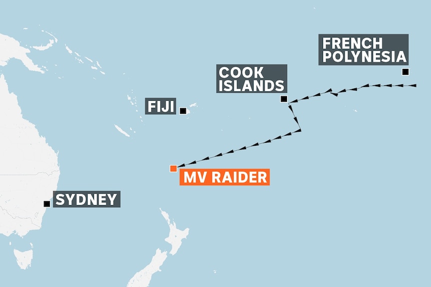 A map showing the path of a ship from French Polynesia towards the east coast of Australia.