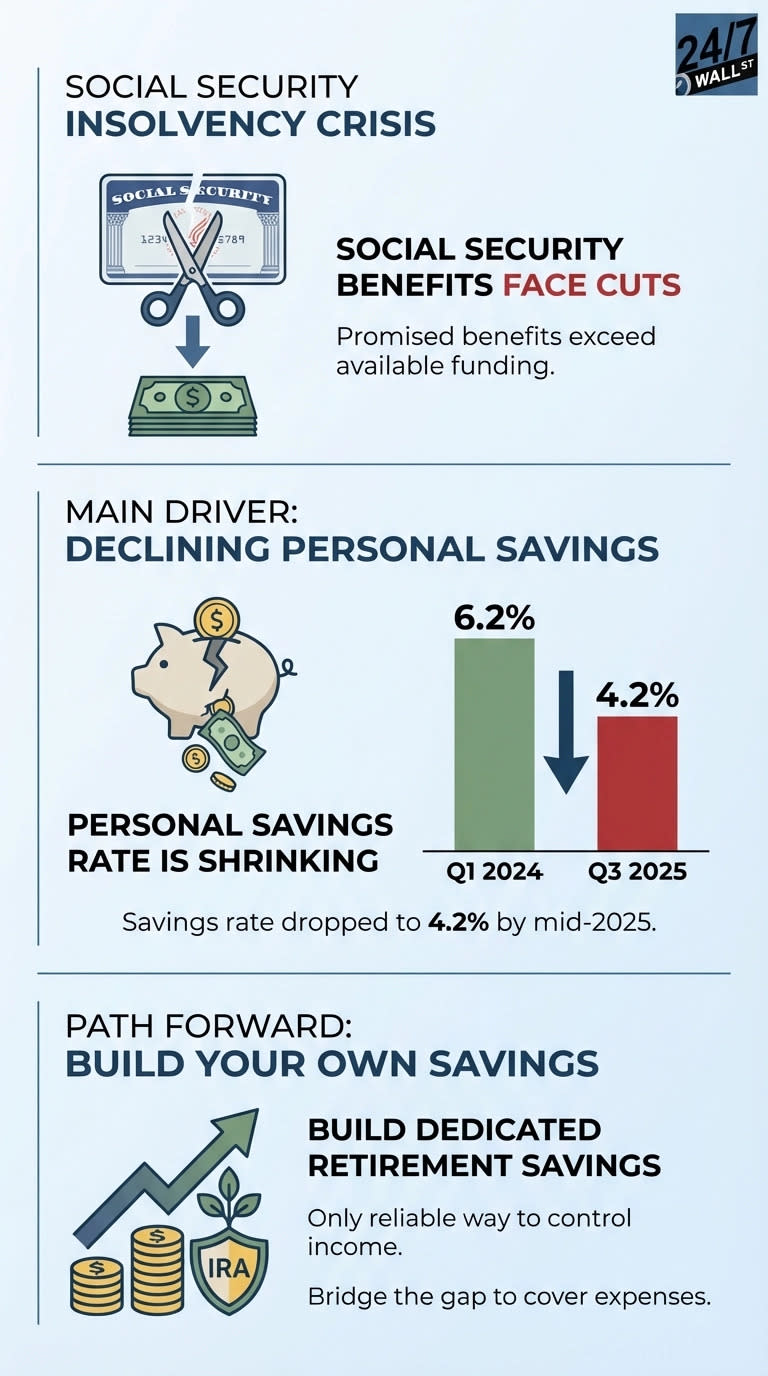 An infographic titled 'Social Security Insolvency Crisis' with three sections. The first section illustrates the crisis with scissors cutting a Social Security card and money falling, stating 'Social Security Benefits Face Cuts' because 'Promised benefits exceed available funding.' The second section, 'Main Driver: Declining Personal Savings,' depicts a broken piggy bank spilling money and a bar chart showing the personal savings rate dropped from 6.2% in Q1 2024 (green bar) to 4.2% in Q3 2025 (red bar), with a downward arrow. The text states 'Personal Savings Rate Is Shrinking' and 'Savings rate dropped to 4.2% by mid-2025.' The third section, 'Path Forward: Build Your Own Savings,' shows an upward trending arrow alongside stacked coins and an IRA shield with leaves, advising to 'Build Dedicated Retirement Savings' as the 'Only reliable way to control income' and to 'Bridge the gap to cover expenses.' The 24/7 Wall St. logo is in the top right corner.