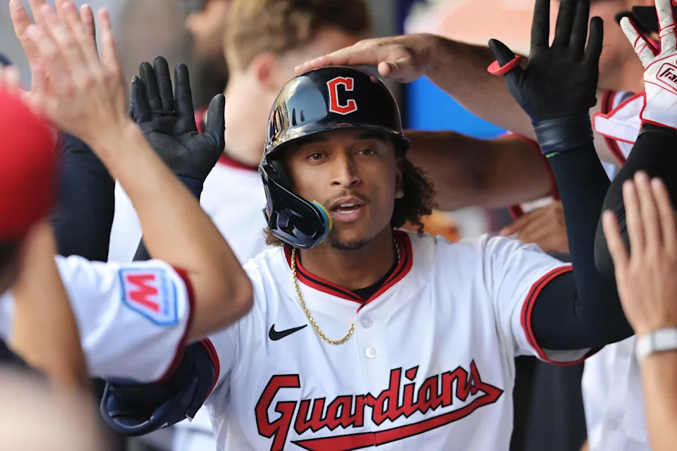Cleveland Guardians catcher Bo Naylor celebrates after hitting a home run against the Chicago White Sox on Sept. 14, 2025, in Cleveland.
